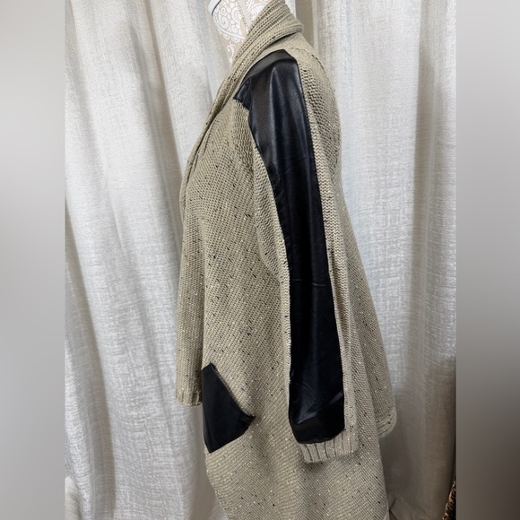 YAIRA Taupe Knit Open-Front Cardigan with Faux Leather Trim (Size L) - Picture 8 of 9